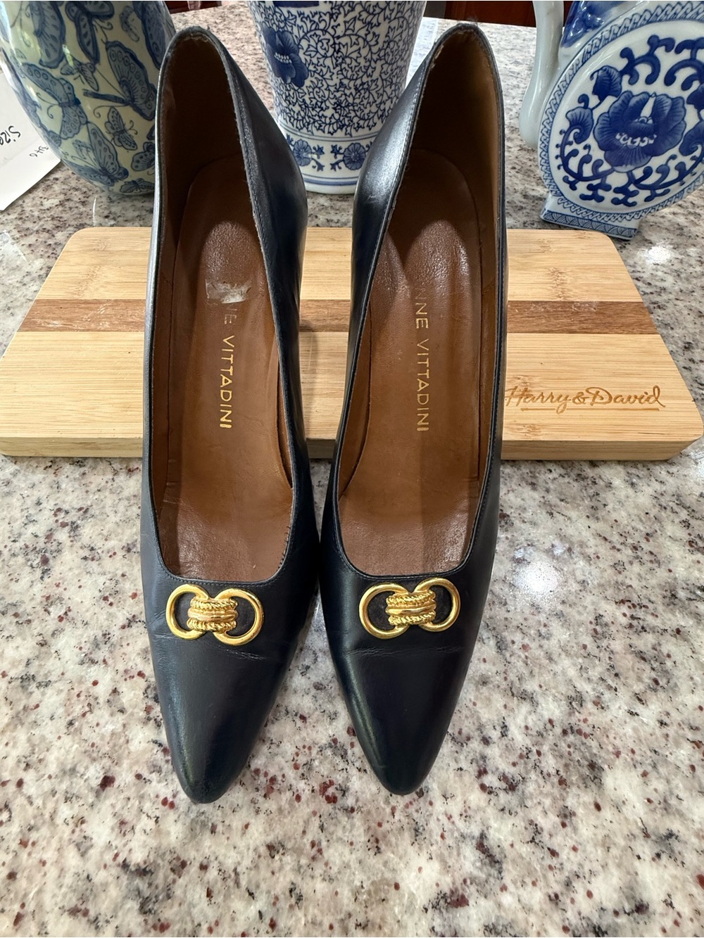 Adrienne Vittadini Black Leather Pointed Heels with Gold Accent